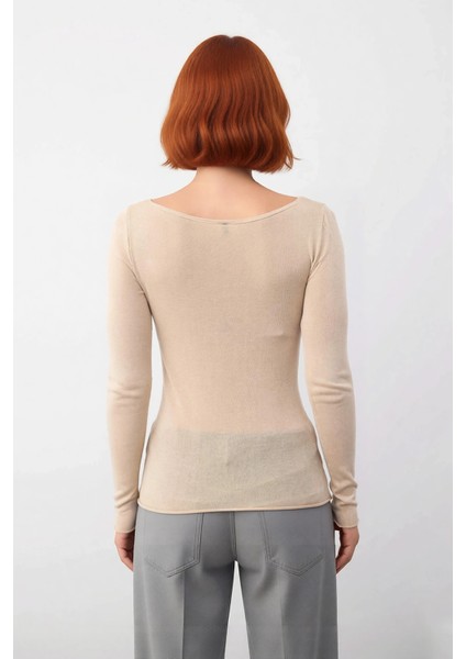 Kadın Şık Günlük Bisiklet Yaka Ince Dokulu Rahat Kesim Viskoz Uzun Kollu Triko Bluz Modeli modelleri