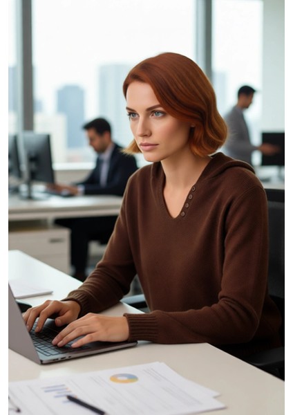 Kadın Kahverengi Oversize Triko Kazak Kapüşonlu V Yaka Düğmeli Düşük Kol Kış ve Sonbahar Şıklığı