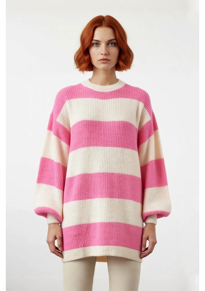 Kadınlara Özel Relaxed Fit Bisiklet Yaka Çizgili Desenli Uzun Kollu Triko Kazak Günlük Şıklık