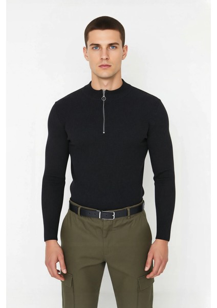 Erkekler Için Fitted Kesim Fermuar Detaylı Dik Yaka Fitilli Pamuk Polyester Triko Kazak Casual Tarz