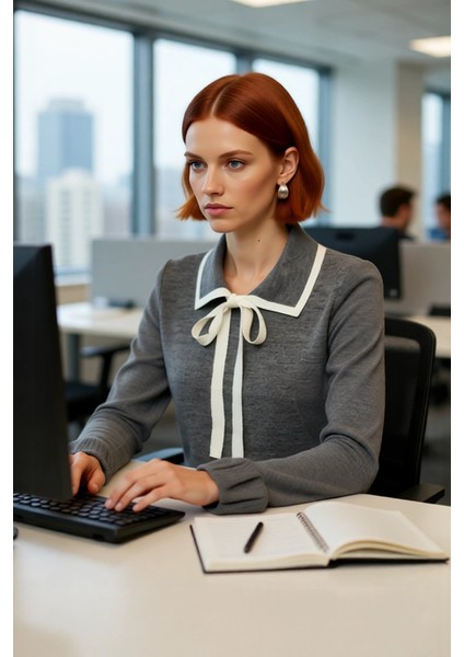 Kadın Polo Yaka Bağcıklı Triko Kazak Renk Bloklu Uzun Kollu Kışlık Ofis Şıklığı Için Rahat Seçim fırsatları