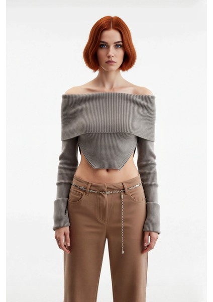 Kadın Carmen Yaka Uzun Kollu Triko Kazak Asimetrik Crop Kesimiyle Stil Sahibi Görünüm Kaliteli fiyatları