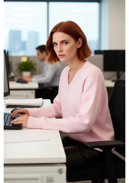 Kadın V Yaka Triko Kazak Geniş Kalıbı ve Yumuşak Dokusuyla Soğuk Havalarda Konforlu Bir Deneyim