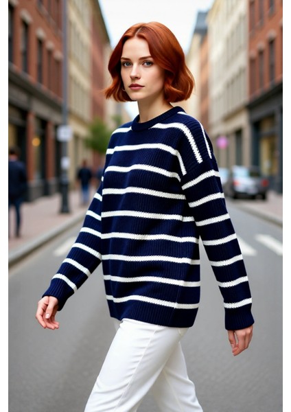 Kadınlara Özel Oversize Çizgili Triko Kazak Bisiklet Yaka Uzun Kollu Kış Stiline Modern Dokunuş modelleri