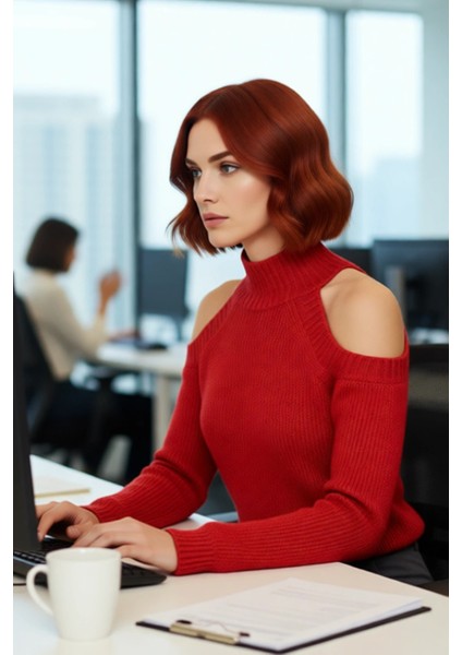 Kadın Sim Detaylı Dik Yaka Regular Kalıp Reglan Kol Triko Omuz Kesimli Soğuk Hava Kazağı Kaliteli fırsatları