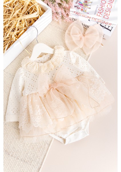 Güpürlü Bandanalı Triko Şık Kız Bebek Elbise Tulum