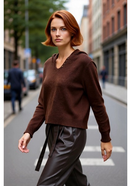 Kadın Kahverengi Oversize Triko Kazak Kapüşonlu V Yaka Düğmeli Düşük Kol Kış ve Sonbahar Şıklığı fırsatları