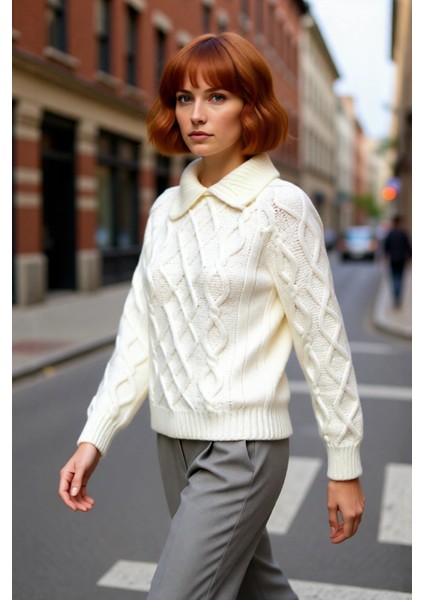 Kadın Ekru Gömlek Yaka Regular Kesim Saç Örgü Desenli Düşük Kol Triko Kazak Günlük Kullanım fırsatları