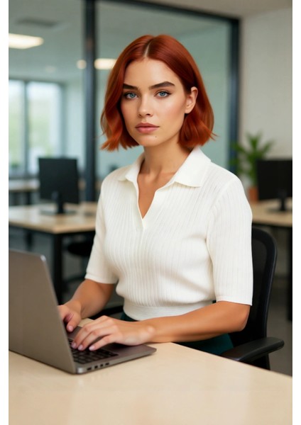 Kadın Casual Ortamlar Için Ekru Regular Kesim Kısa Kollu Polo Yaka Fitilli Crop Triko Bluz Şık