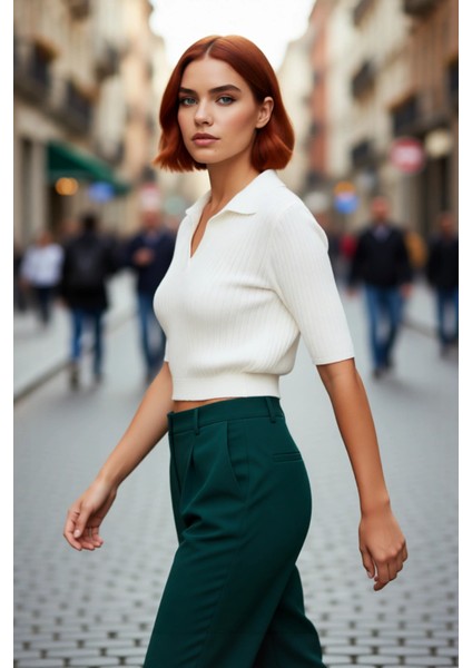 Kadın Casual Ortamlar Için Ekru Regular Kesim Kısa Kollu Polo Yaka Fitilli Crop Triko Bluz Şık fırsatları