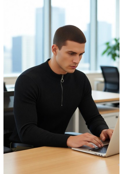 Erkek Basic Fitted Dar Kesim Dik Yaka Fermuarlı Triko Dokuma Uzun Kollu Pamuk Polyester Kazak