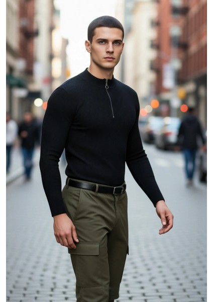 Erkek Basic Fitted Dar Kesim Dik Yaka Fermuarlı Triko Dokuma Uzun Kollu Pamuk Polyester Kazak fırsatları