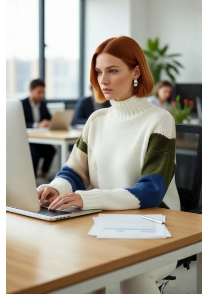 Kadın Oversize Dik Yaka Bej Renk Bloklu Düşük Kol Uzun Triko Kazak Kış Günleri Için Ideal Seçim