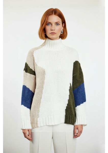 Kadın Oversize Dik Yaka Bej Renk Bloklu Düşük Kol Uzun Triko Kazak Kış Günleri Için Ideal Seçim fiyatları