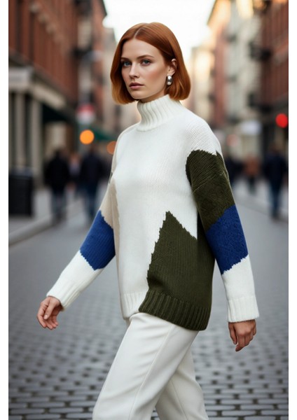 Kadın Oversize Dik Yaka Bej Renk Bloklu Düşük Kol Uzun Triko Kazak Kış Günleri Için Ideal Seçim fırsatları