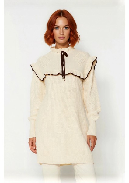 Kadın Selanik Dokuma Dik Yaka Düşük Kollu Biyeli Saç Örgü Detaylı Kışlık Triko Tunik Kaliteli