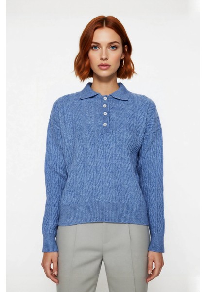 Kadın Oversize Triko Polo Yaka Saç Örgü Düşük Kollu Rahat Kışlık Basic Stil Kazak Kaliteli