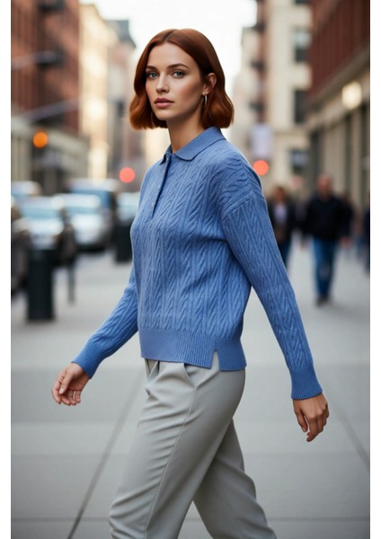 Kadın Oversize Triko Polo Yaka Saç Örgü Düşük Kollu Rahat Kışlık Basic Stil Kazak Kaliteli modelleri