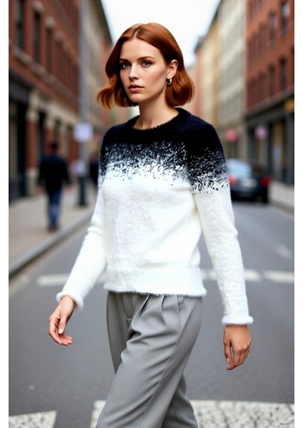 Kadın Basic Siluet Kışlık Regular Kalıp Uzun Kollu Degrade Desenli Tüylü Triko Kazak Günlük modelleri