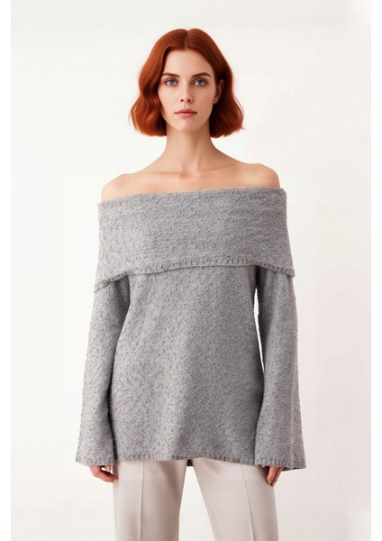 Kadın Dokulu Carmen Yaka Triko Kazak Regular Kalıp Uzun Kol Kış Günleri Için Konforlu Stil fiyatları