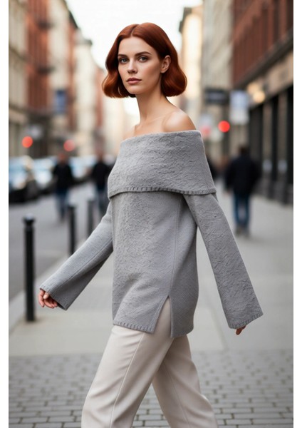 Kadın Dokulu Carmen Yaka Triko Kazak Regular Kalıp Uzun Kol Kış Günleri Için Konforlu Stil fırsatları