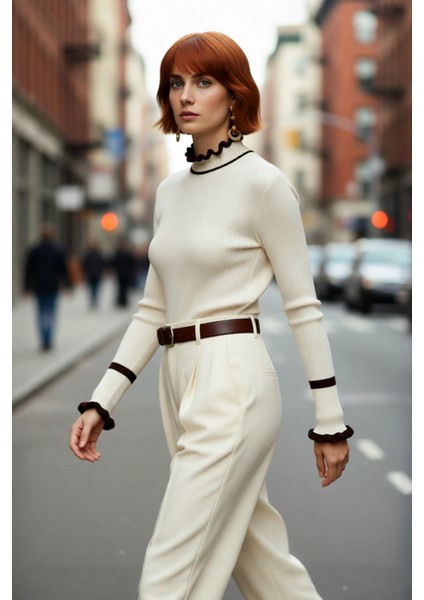 Kadın Triko Fitted Kalıp Dik Yaka Fitilli Renk Bloklu Uzun Kollu Kazak Günlük Tarzın Modern Hali modelleri