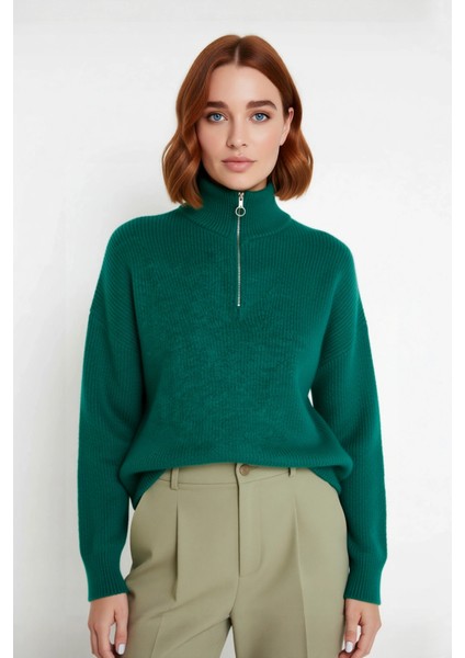 Kadın Oversize Basic Dokulu Uzun Kollu Fermuarlı Dik Yaka Selanik Örgü Triko Kazak Kaliteli