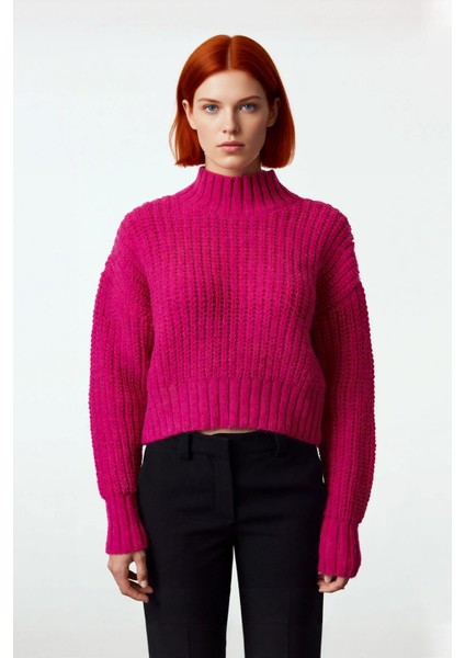 Kadın Modern Oversize Crop Dik Yaka Düşük Kol Kalın Triko Soğuk Hava Kazak Modeli Kaliteli fiyatları