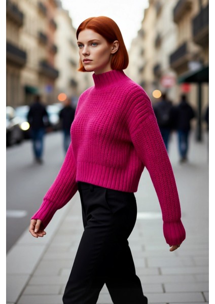 Kadın Modern Oversize Crop Dik Yaka Düşük Kol Kalın Triko Soğuk Hava Kazak Modeli Kaliteli fırsatları