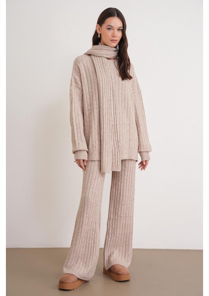 6970 Kadın Saç Örgülü Atkılı Alt Üst Triko Takım Bej fiyatları