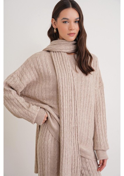 6970 Kadın Saç Örgülü Atkılı Alt Üst Triko Takım Bej modelleri