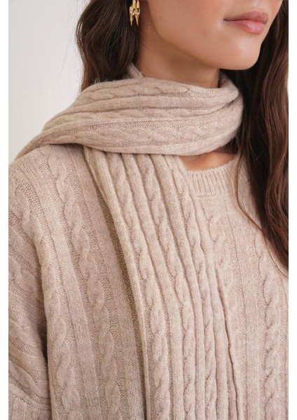 6970 Kadın Saç Örgülü Atkılı Alt Üst Triko Takım Bej fırsatları