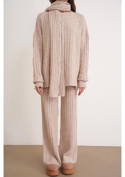 6970 Kadın Saç Örgülü Atkılı Alt Üst Triko Takım Bej indirimleri