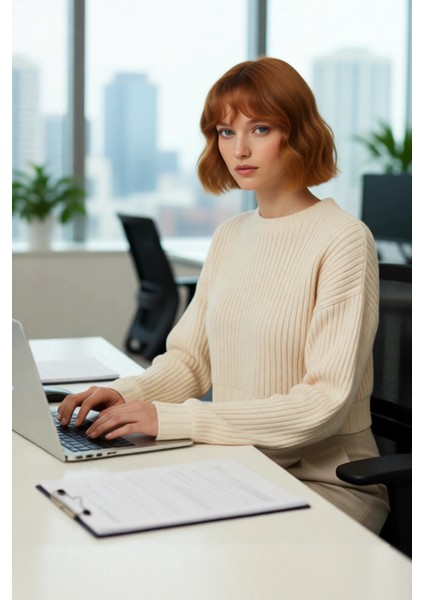 Modern Kadın Basic Oversize Crop Triko Kazak Fitilli Uzun Kollu Bisiklet Yaka Ilkbahar Sonbahar