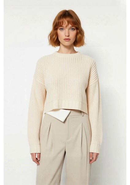 Modern Kadın Basic Oversize Crop Triko Kazak Fitilli Uzun Kollu Bisiklet Yaka Ilkbahar Sonbahar fiyatları