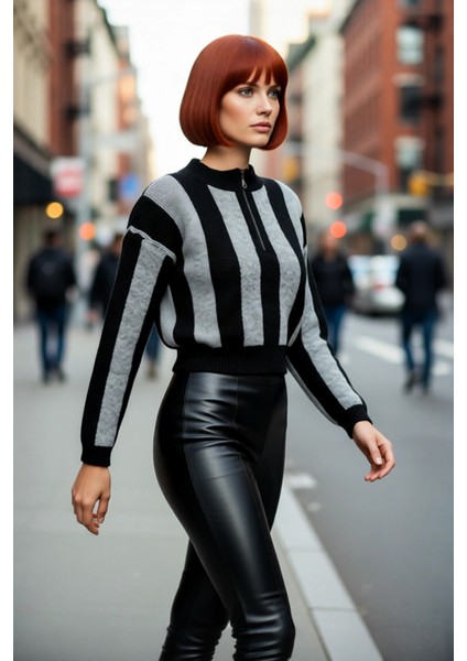 Kadınlar Için Kışlık Çizgili Crop Triko Kazak Oversize Kesimiyle Fermuarlı Dik Yaka Rahatlığı. fırsatları