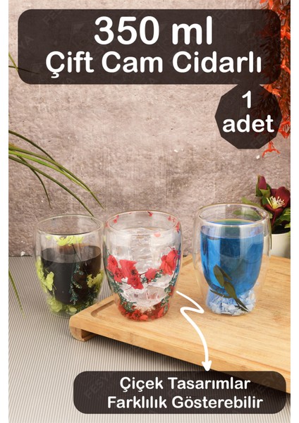 Çift Camlı Cidarlı Bardak 350ML Çiçek Dekorlu Isıya Dayanıklı Bardak