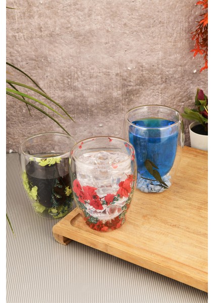 Çift Camlı Cidarlı Bardak 350ML Çiçek Dekorlu Isıya Dayanıklı Bardak modelleri