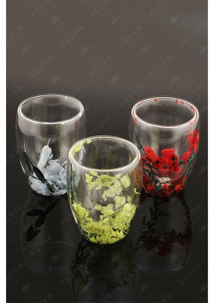 Çift Camlı Cidarlı Bardak 350ML Çiçek Dekorlu Isıya Dayanıklı Bardak