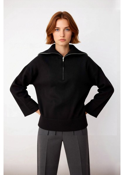 Kadın Oversize Yumuşak Dokulu Triko Kazak Dik Yaka Fermuarlı Düşük Kol Rahat Ramadan Koleksiyonu