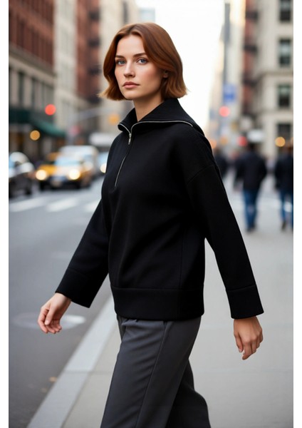 Kadın Oversize Yumuşak Dokulu Triko Kazak Dik Yaka Fermuarlı Düşük Kol Rahat Ramadan Koleksiyonu modelleri