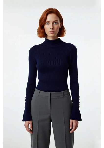 Kadınlar Için Dik Yaka Uzun Kollu Fitilli Dokuma Fitted Kesim Triko Kazak Günlük Giyim Kaliteli