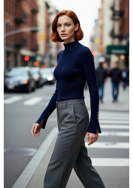 Kadınlar Için Dik Yaka Uzun Kollu Fitilli Dokuma Fitted Kesim Triko Kazak Günlük Giyim Kaliteli modelleri