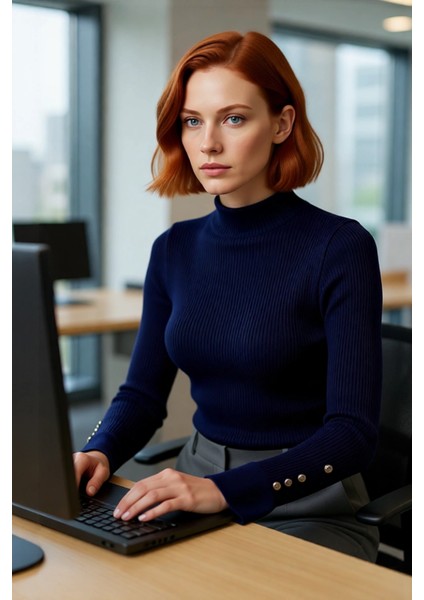 Kadınlar Için Dik Yaka Uzun Kollu Fitilli Dokuma Fitted Kesim Triko Kazak Günlük Giyim Kaliteli fırsatları