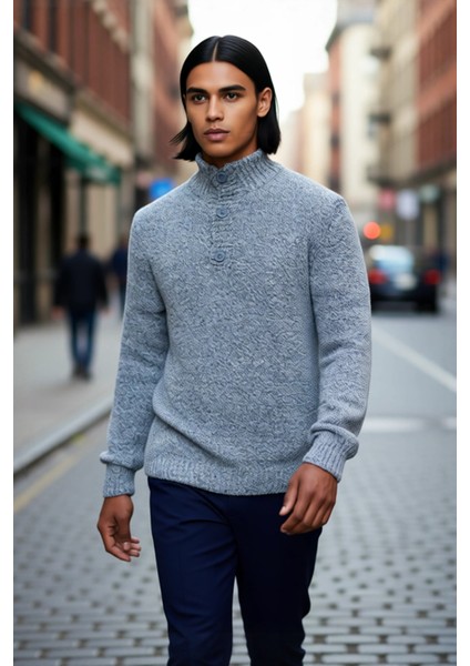 Erkek Gri Kalın Triko Düğmeli Dik Yaka Kazak Casual Ortamlar Için Konforlu ve Şık Tasarım Kaliteli fırsatları