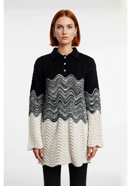 Kadın Modern Jakar Dokuma Renk Bloklu Polo Yaka Uzun Kollu Fitted Triko Kazak Soğuklara Meydan Okur fiyatları