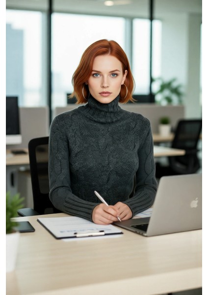 Kadın Casual Regular Kalıp Dik Yaka Saç Örgü Uzun Kollu Süper Crop Triko Kazak Modeli Kaliteli