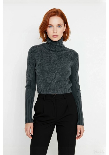 Kadın Casual Regular Kalıp Dik Yaka Saç Örgü Uzun Kollu Süper Crop Triko Kazak Modeli Kaliteli fiyatları