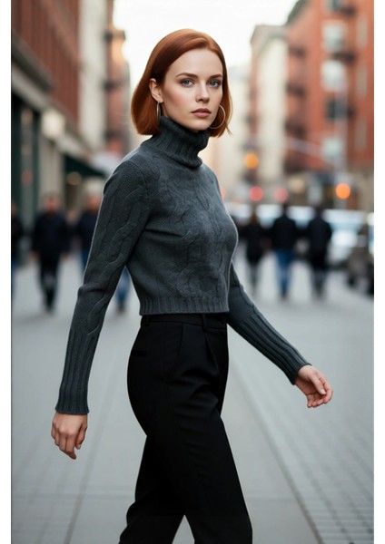 Kadın Casual Regular Kalıp Dik Yaka Saç Örgü Uzun Kollu Süper Crop Triko Kazak Modeli Kaliteli fırsatları