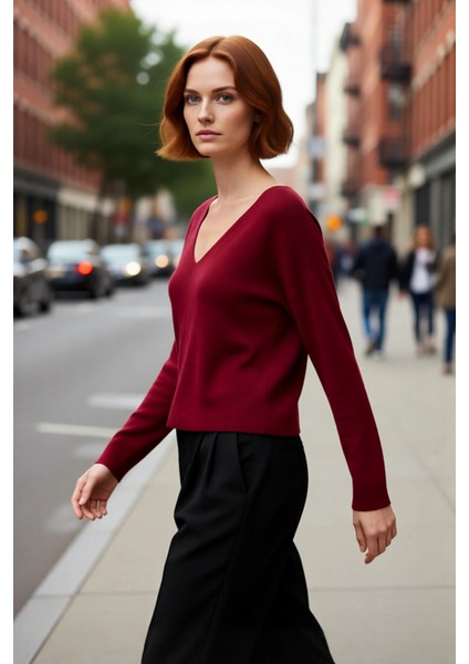 Kadın Triko Kazak V Yaka Orta Kalınlık Regular Kalıp Düz Desen Standart Uzun Kol Şık Seçim fırsatları